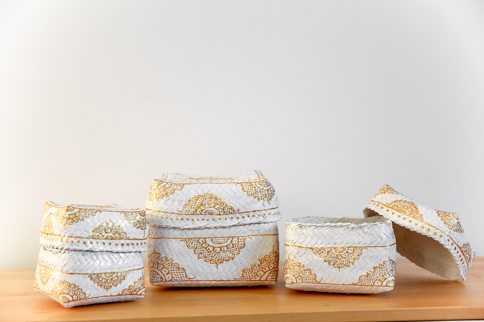 hand-painted bamboo baskets white